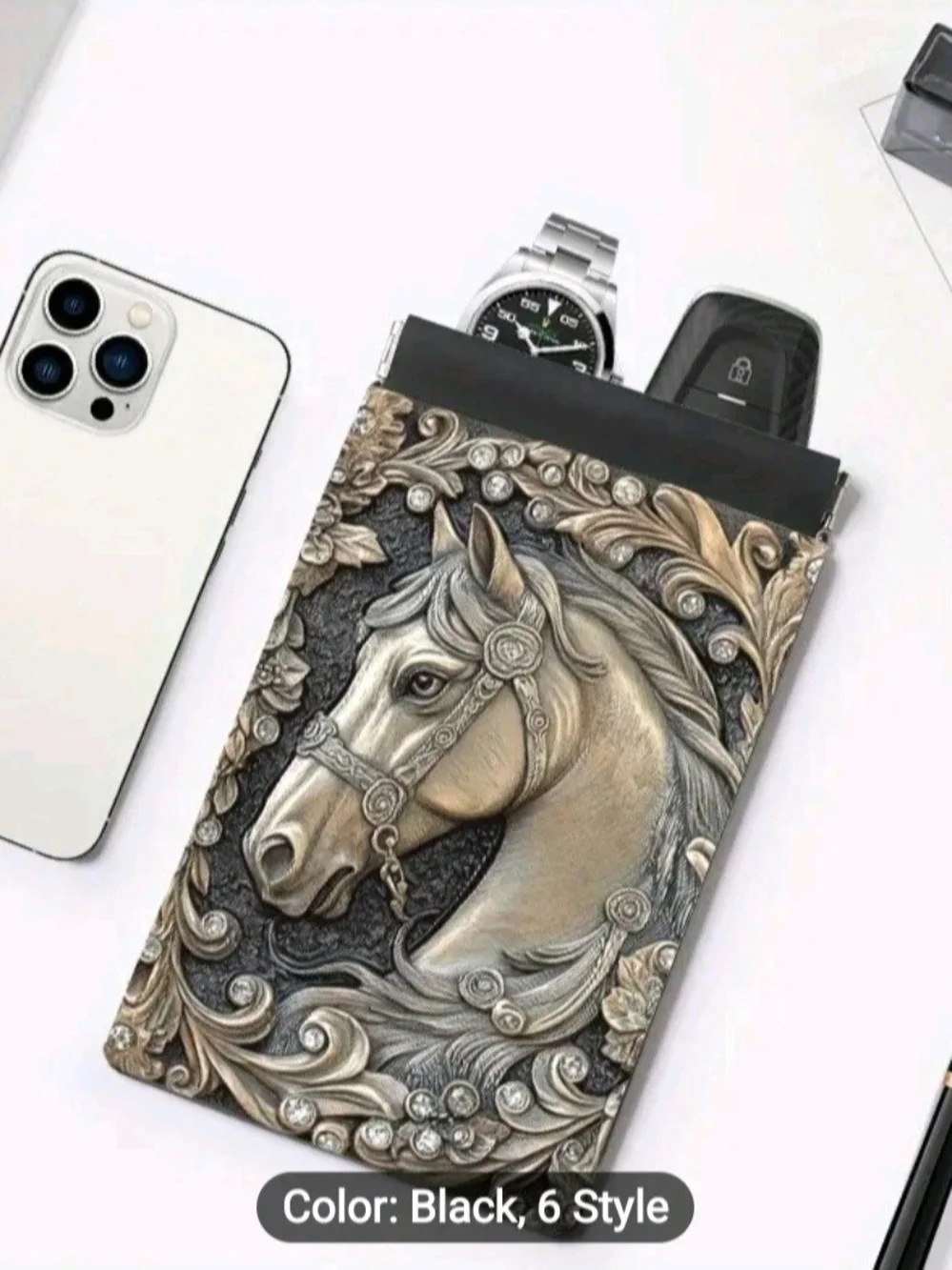 Elequent Equestrian Embossed Relief Horse Head Pocket Pouch For Phone/Cards Etc.